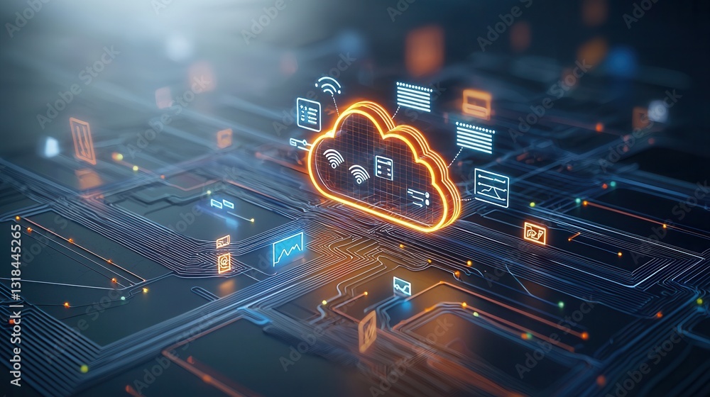 Poster a high tech digital neon depicting a futuristic cloud computing and networking concept with vibrant 