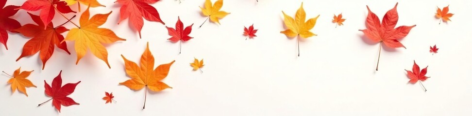 Fototapeta premium Delicate maple leaves scattered on white surface, maple leaf, background, simplicity