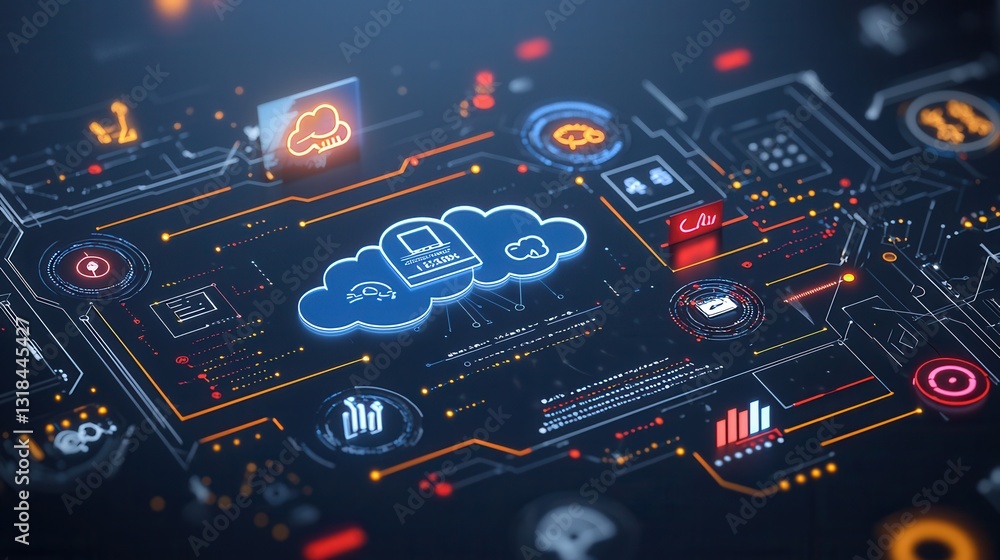 Poster futuristic cloud computing and data analytics digital dashboard infographic with abstract high tech 