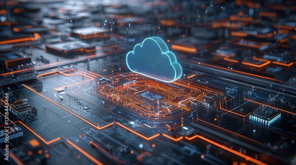 Aufkleber glowing futuristic digital cityscape with floating cloud data center in abstract high tech landscape