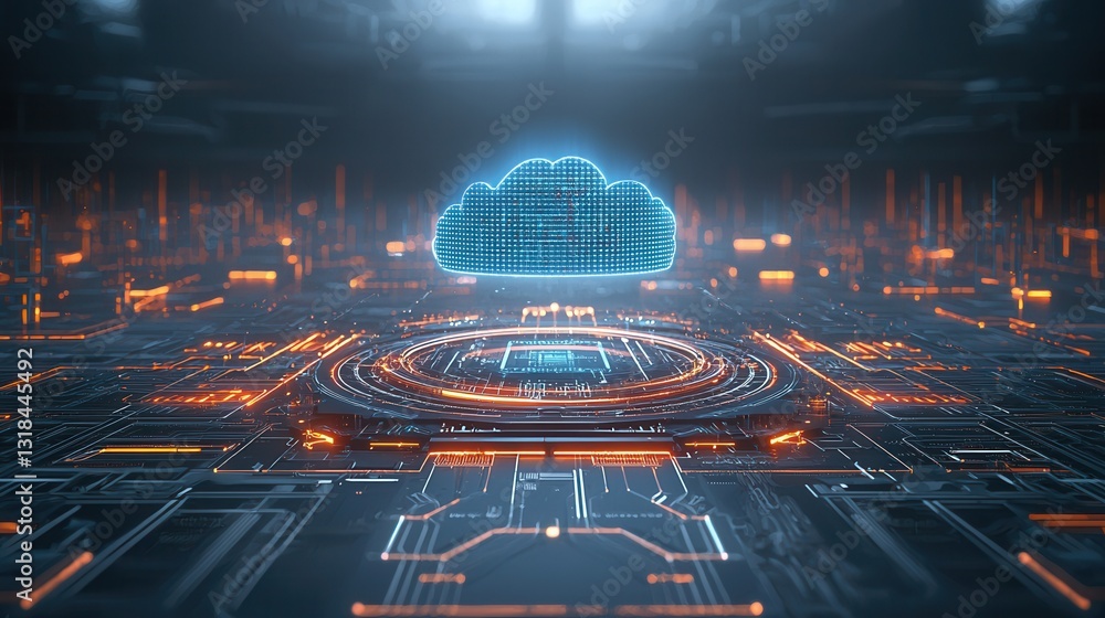Poster futuristic digital world featuring a glowing cloud data storage and computing technology backdrop re