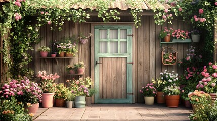 Charming Rustic Wooden Shed Garden Door Flowers Plants pink home green bloom house decor