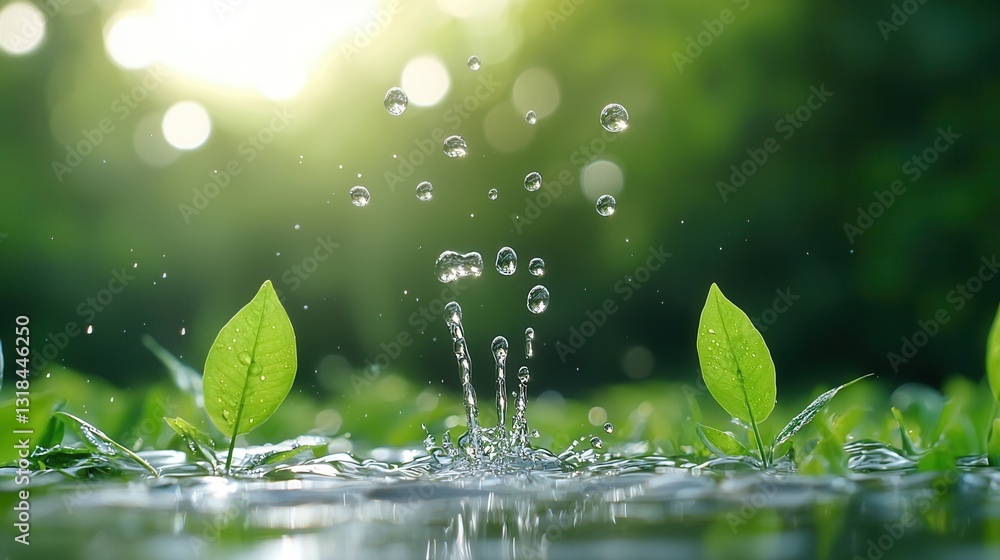Poster a mesmerizing close up view of crystal clear water droplets cascading and splashing over lush verdan