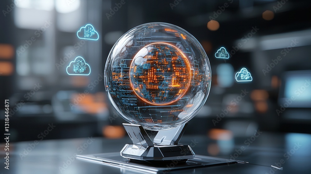 Poster mesmerizing futuristic crystal ball with glassy digital data visualization and illuminated globe rep