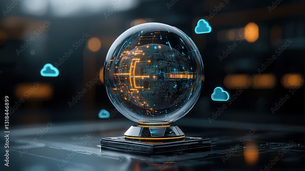 Poster a mesmerizing futuristic crystal ball displaying a captivating digital landscape of glowing data lig