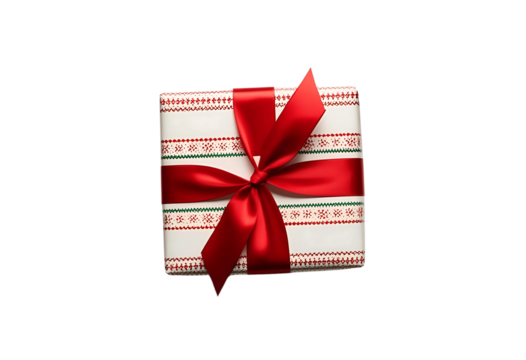 A Beautifully Wrapped Gift Box with a Red Ribbon Bow, Ready for the Holidays. Festive and Cheerful Generative AI