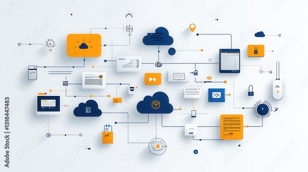 Poster this minimalistic flat style depicts a modern cloud based digital technology and communication netwo