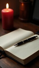 Journal and pen on a desk with a candle flame, pen, warm, journal