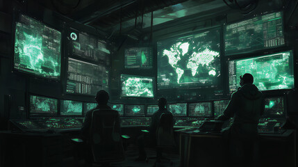 Obraz premium Silhouette of digital technology security team surveillance intelligence control room for monitoring and managing operations with multiple screens displaying data, maps and top classified information 