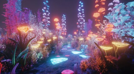 Obraz premium Ethereal luminous flora illuminating a magical pathway in twilight