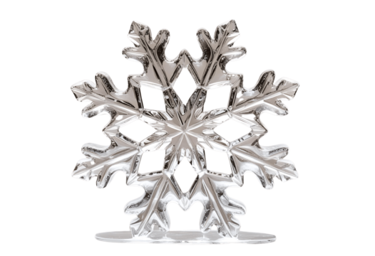 A dazzling crystalline snowflake, meticulously crafted, stands elegantly on a clear base against a stark black background. Winters intricate beauty Generative AI