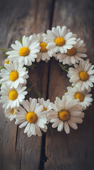 Obraz premium Delicate Daisy Wreath on Rustic Wooden Surface 