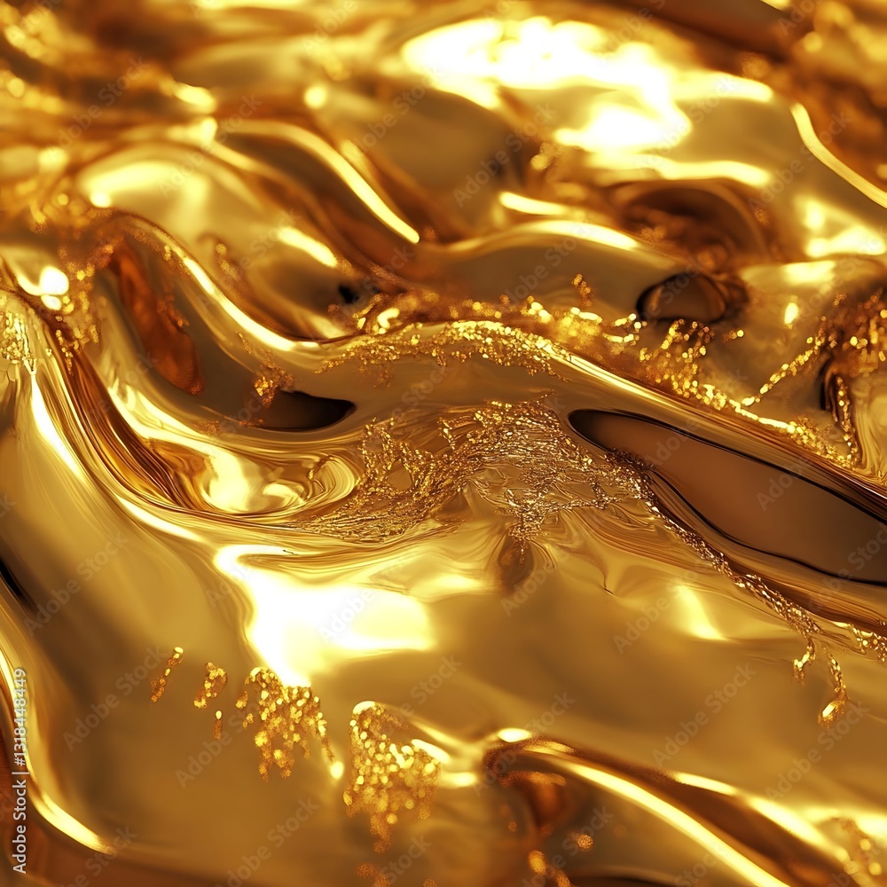 Poster shimmering golden liquid waves reflecting light, creating a mesmerizing abstract texture