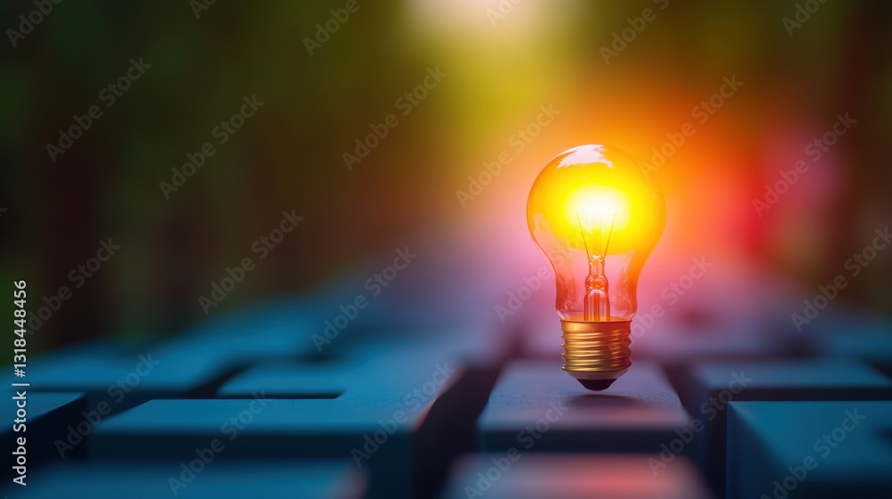 Poster a glowing light bulb is positioned centrally on a keyboard surrounded by a soft, blurred natural bac