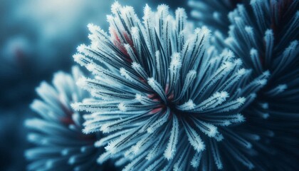 Obraz premium Frozen evergreen needles coated in delicate frost, creating a serene and magical winter scene with cool blue tones and soft lighting