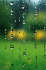 Rain droplets on a window pane create a serene view of the green outdoors and vibrant blossoms in the background