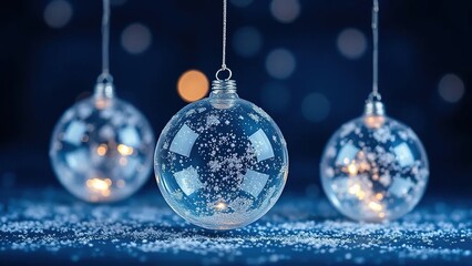 Decorative glass balls with sparkling dust on a dark blue background, shimmering, snowflake