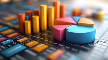 Professional infographic with financial analysis, bar graphs, and circular pie charts in bright colors, white background, 3D rendering