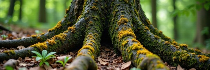 Obraz premium Ancient tree trunk with roots and fungi, tree, fungi, roots