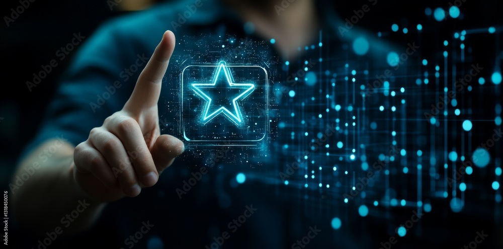 Poster a person using a holographic device to showcase evaluation methods with an empty space background