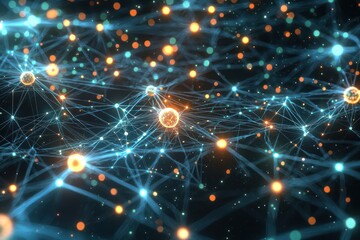 Fototapeta premium Global network visualization with data points interconnected and neural connections glowing.