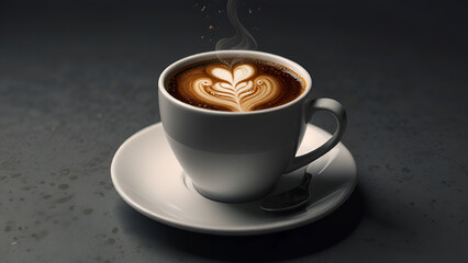 Fototapeta premium Heartfelt Coffee White Cup with Latte Art Heart on Dark Background Simple Elegance and Warmth in a Single Serving