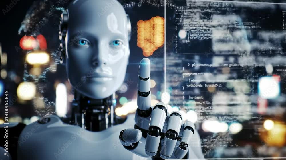 Poster futuristic male robot in a digital cityscape, engaging with complex data interfaces, representing th
