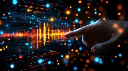 A hand maneuvering a holographic stock market interface in a void: live trading choices