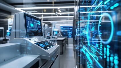 Digital infrastructure and advanced security in a conceptual high-tech bank.