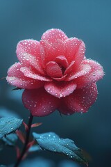 Dew-kissed pink rose blooms in a serene garden during a misty morning