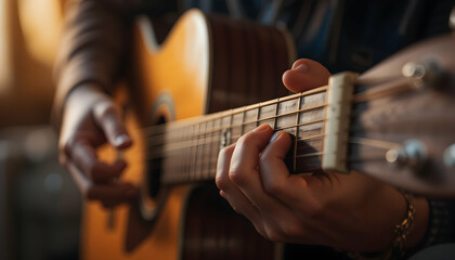 Fototapeta premium Acoustic Guitar Player Closeup Hands Chords