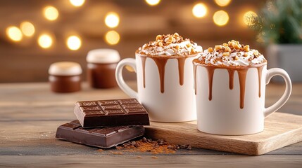Cozy Hot Chocolate with Toppings and Chocolate on Wooden Table