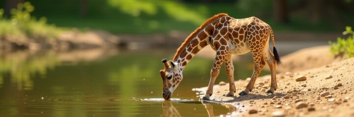 Obraz premium Baby giraffe drinking water from watering hole, watercolor, savannah, animal