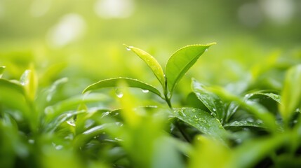 Fresh green tea leaves adorned with raindrops, embodying the essence of spring's renewal and serenity.