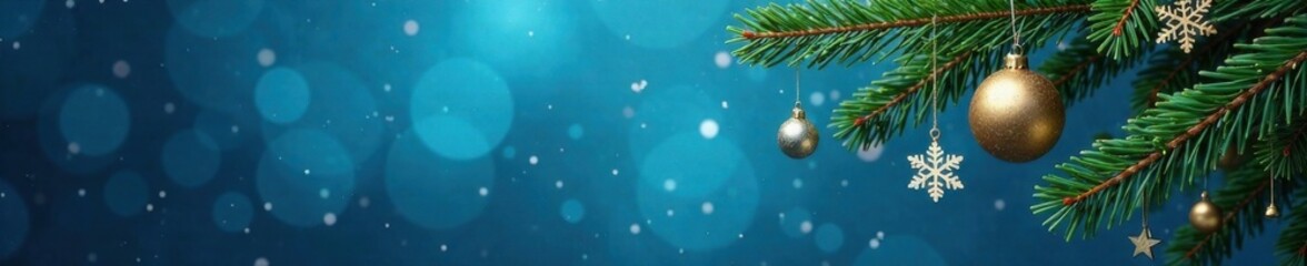 Ornament with Christmas tree and snowflakes hanging on blue background, decoration elements, winter scene, red berries