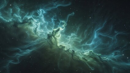 Space art showcasing glowing nebula cyan and green hues on a black space canvas.