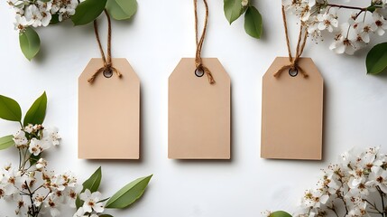 Elegant greeting card with brown tags in a delicate paper cut vector style, white background, 3D rendering