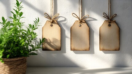 Minimalist greeting card featuring brown tags with soft shadows in paper cut vector style, white background, 3D rendering