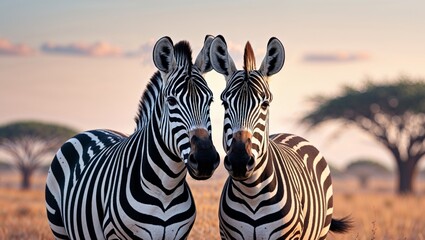 Two zebras closely standing together in a warm landscape during golden hour in the savannah.
