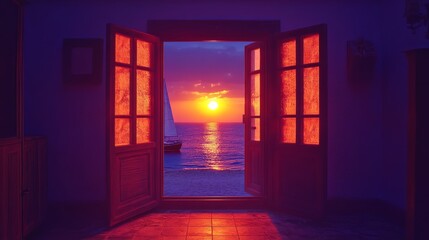 The image of a sailboat near the beach during sunset conveys the seascape, beach, and sailing theme, symbolizing journey and exploration, with plenty of empty space for advertising text on the left