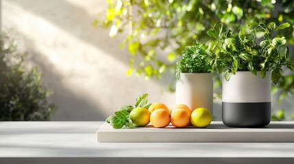 Fresh Green Herbs and Citrus Fruits on a Stylish Kitchen Surface