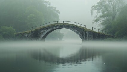 Serene stone bridge amidst foggy water landscape in a tranquil setting.