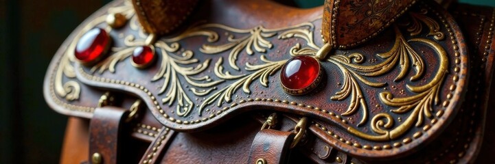 Obraz premium Ornate western saddle decoration featuring gold filigree and red stones, country style, rustic details, equestrian themes