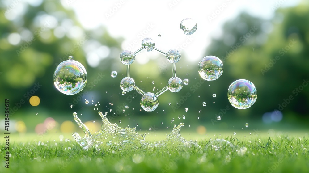 Poster ethereal molecular bubbles floating in a serene meadow landscape a scientifically inspired yet shot 