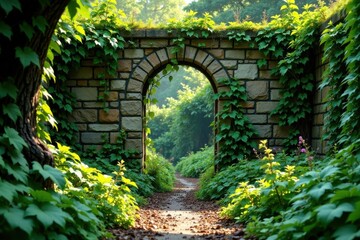 Overgrown garden with vines and moss-covered stone wall, foliage, nature, greenery