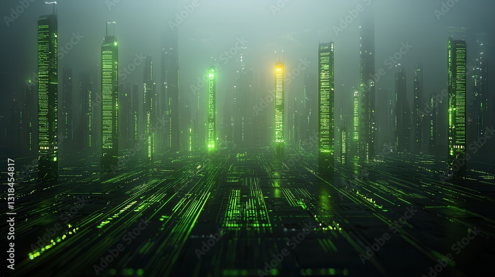 Poster cyber forest illumination a futuristic digital landscape where towering structures and lush biolumin