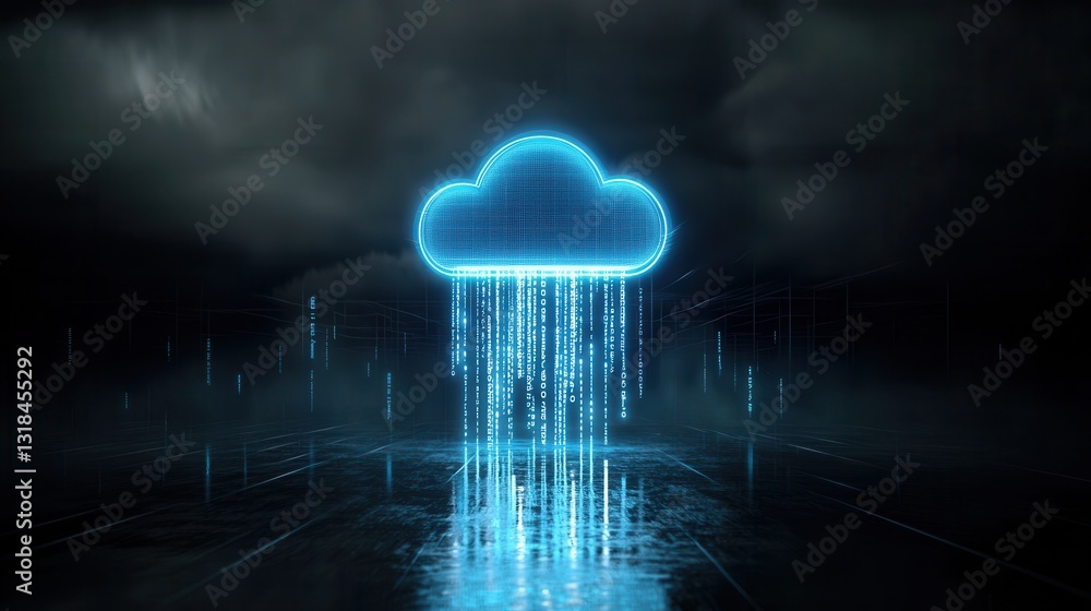 Poster sleek 3d rendered futuristic concept depicting a glowing illuminated cloud raining down digital data