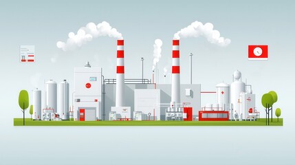 A simple and eye catching minimalist flat style depicting an industrialized urban cityscape with tall skyscrapers factories chimneys and environmental elements like trees and clouds