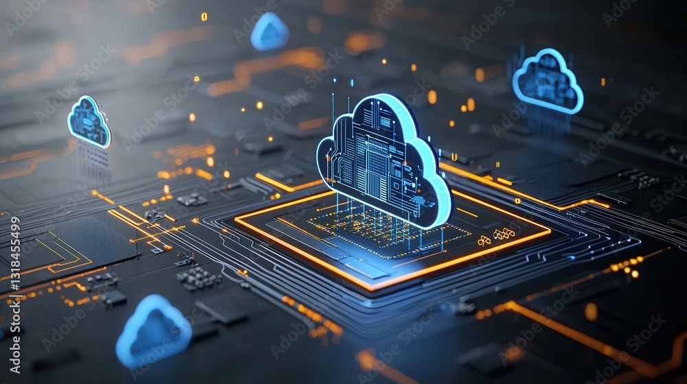 Poster sleek and futuristic wide angle view of a digital cloud technology and security concept featuring in