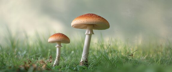 A couple of mushrooms sitting on top of a lush green field